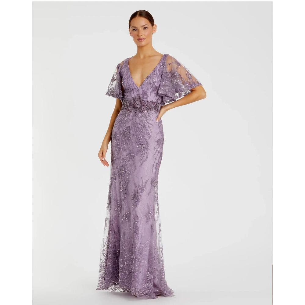 Mac Duggal Flutter Sleeve Long Formal Evening Gown Lilac Purple 67493 Size 10